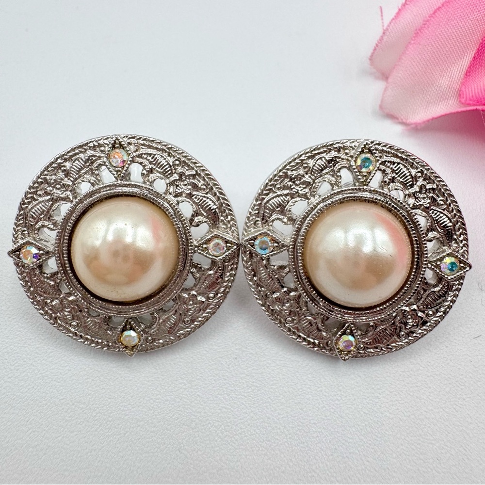 1928 Romantic Lace Style Shield Earrings Faux Pearl Dome Earrings Ornate AB